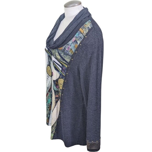 Simply Art By Dolcezza Womens Cowl Neck Tunic Top XL Woman Face Graphic Studs - Picture 4 of 9